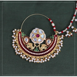 Generic Women's Maroon Color Kundan & Beads Nose Nath 