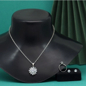 Generic Women's Silver Color Stone Locket Pendant Set Adjustable Ring
