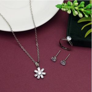 Generic Women's Silver Color Stone Locket Pendant Set Adjustable Ring