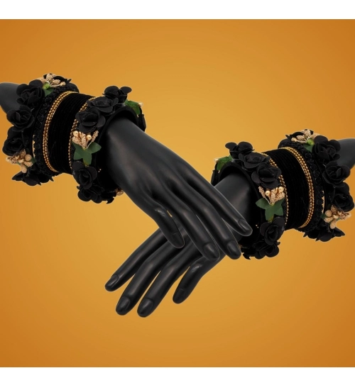Women's Black Color Floral Bangles Set: 2.4 