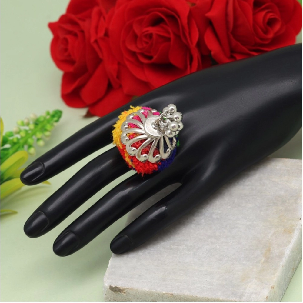 Generic Women's Multi Color Thread Work Oxidised Adjustable Rings 