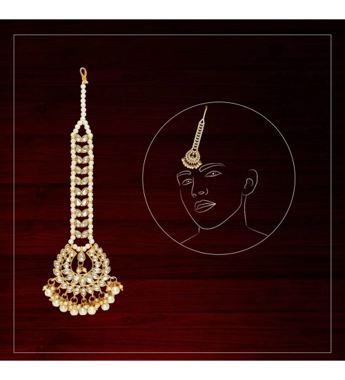 Women's White Color Imitation Pearl & Kundan Maang Tikka 