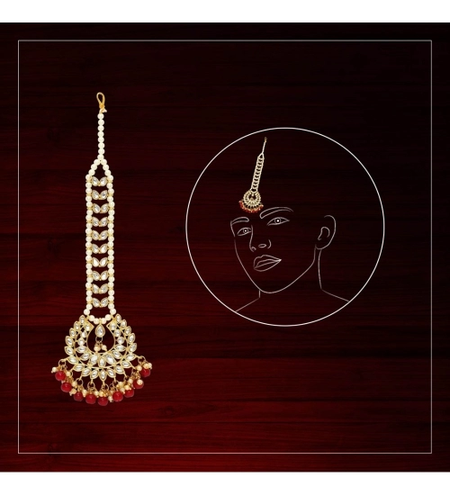 Women's Red Color Imitation Pearl & Kundan Maang Tikka 