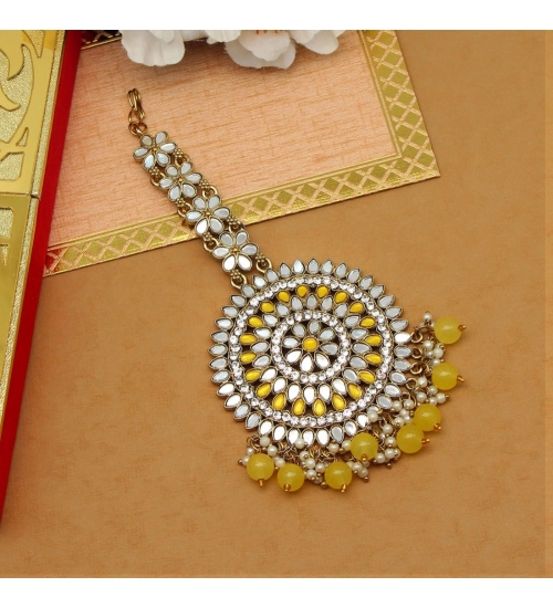 Women's Yellow Color Mirror Work Maang Tikka 