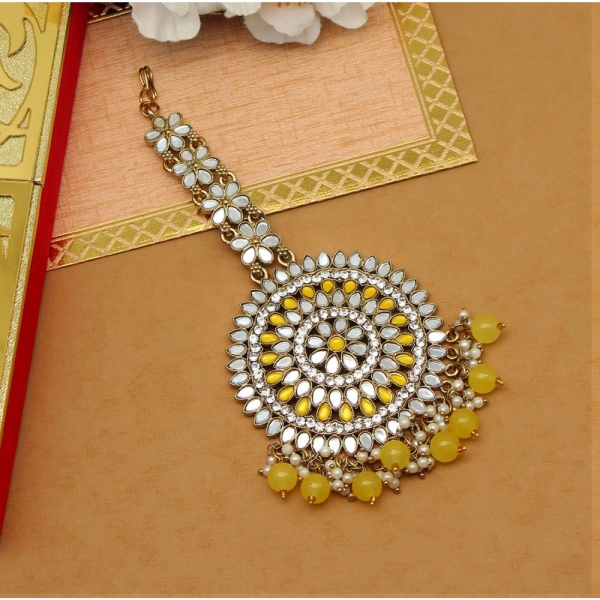 Dropship Women's Yellow Color Mirror Work Maang Tikka