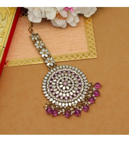 Women's Purple Color Mirror Work Maang Tikka 