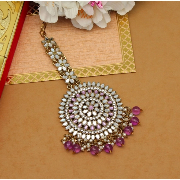 Dropship Women's Purple Color Mirror Work Maang Tikka