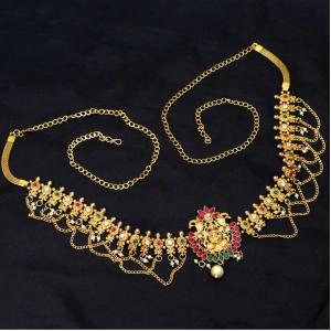 Generic Women's Maroon & Green Color Glass Stone Kamarband Adjustable Chain