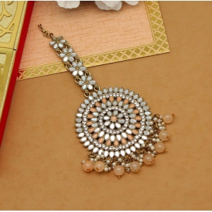 Generic Women's Peach Color Mirror Work Maang Tikka 