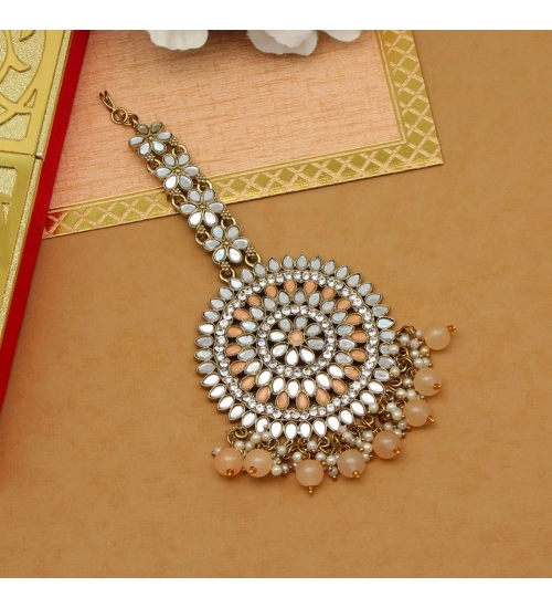 Women's Peach Color Mirror Work Maang Tikka 