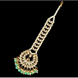 Generic Women's Rama Green Color Imitation Pearl & Kundan Maang Tikka 