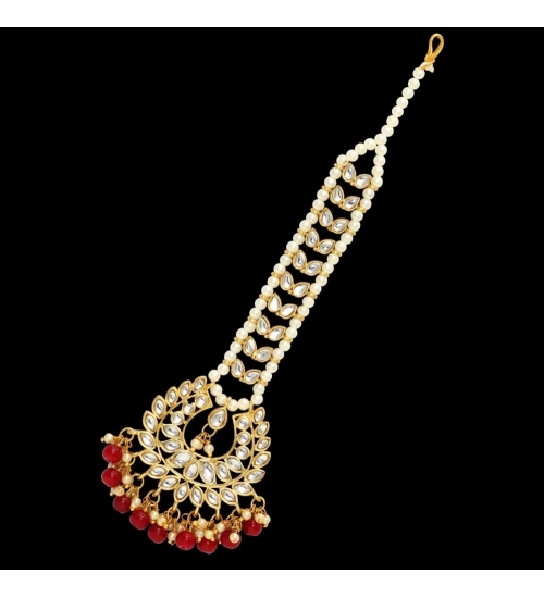 Women's Maroon Color Imitation Pearl & Kundan Maang Tikka 