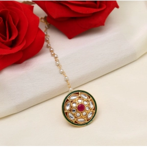 Generic Women's Maroon & Green Color Kundan Meena Borla Tikka 