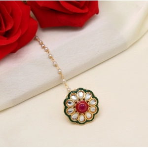 Generic Women's Maroon & Green Color Kundan Meena Borla Tikka 