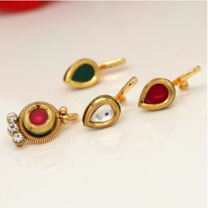 Generic Women's Multi Color Kundan Nose Pin Combo Of 4 Pieces 