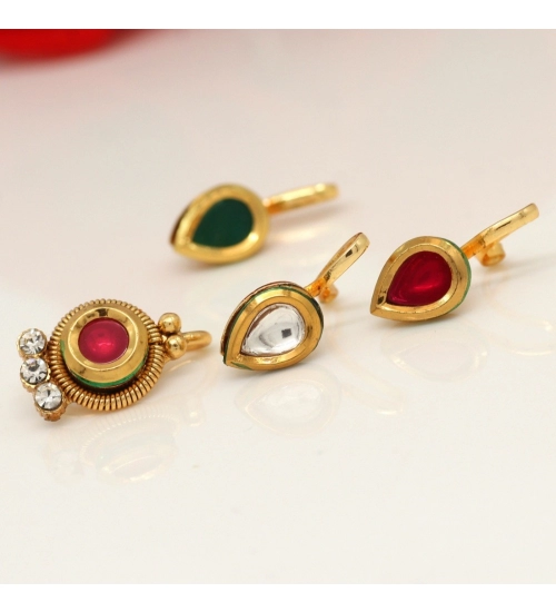 Women's Multi Color Kundan Nose Pin Combo Of 4 Pieces Women's Multi Color Kundan Nose Pin Combo Of 4 Pieces