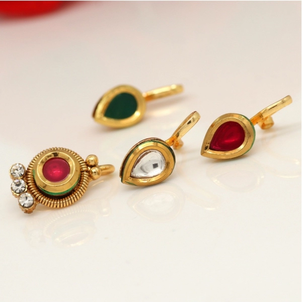 Dropship Women's Multi Color Kundan Nose Pin Combo Of 4 Pieces