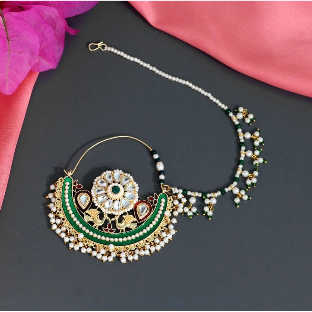 Generic Women's Green Color Kundan & Beads Nose Nath 