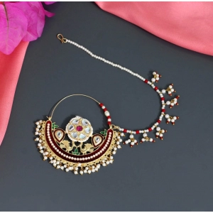 Generic Women's Maroon Color Kundan & Beads Nose Nath 