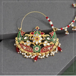 Generic Women's Maroon & Green Color Kundan & Beads Nose Nath 