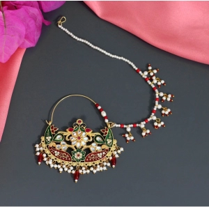 Generic Women's Maroon & Green Color Kundan & Beads Nose Nath 