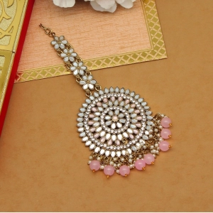Generic Women's Pink Color Mirror Work Maang Tikka 