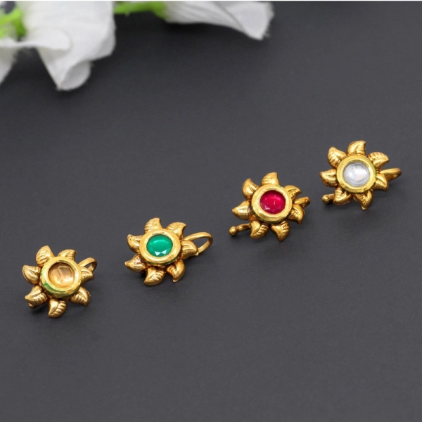 Dropship Women's Multi Color Kundan Nose Pin Combo Of 4 Pieces