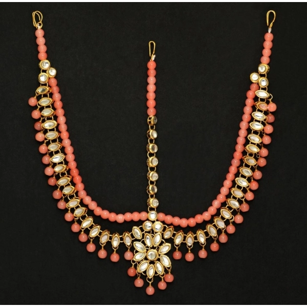 Dropship Women's Peach Color Kundan Work Matha Patti