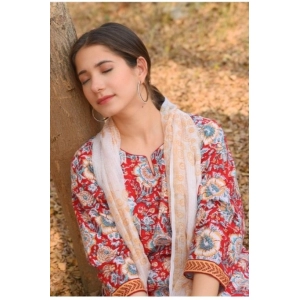 Generic Women's Casual 3/4th Sleeve Floral Print Cotton Kurti Set (Red)
