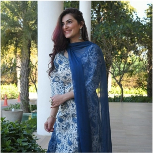 Generic Women's Casual 3/4th Sleeve Printed Cotton Kurti Set (Blue)