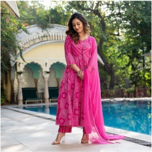 Generic Women's Casual 3/4th Sleeve Printed Cotton Kurti Set (Pink)