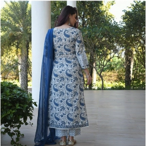 Generic Women's Casual 3/4th Sleeve Printed Cotton Kurti Set (Blue)