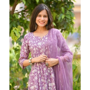 Generic Women's Casual 3/4th Sleeve Printed Cotton Kurti Set (Purple)