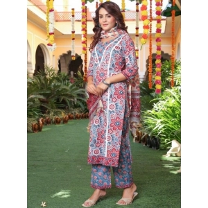 Generic Women's Casual 3/4th Sleeve Printed Cotton Kurti Set (Pastel Blue)