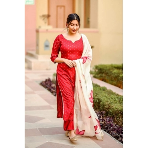 Generic Women's Casual 3/4th Sleeve Polka Print Cotton Kurti Set (Red)