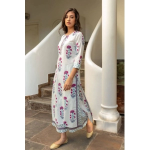 Generic Women's Casual 3/4th Sleeve Floral Print Cotton Kurti Set (White & Purple)