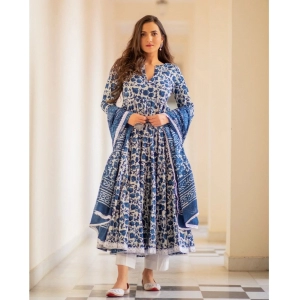 Generic Women's Casual 3/4th Sleeve Printed Cotton Kurti Set (Blue)