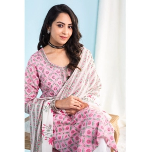 Generic Women's Casual 3/4th Sleeve Printed Cotton Kurti Set (Pink)