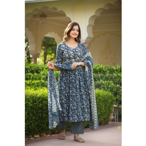 Generic Women's Casual 3/4th Sleeve Printed Cotton Kurti Set (Navy Blue)
