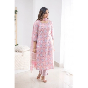 Generic Women's Casual 3/4th Sleeve Printed Cotton Kurti Set (Pink)