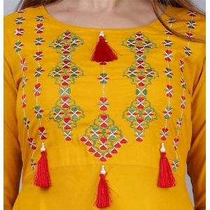 Generic Women's Casual 3/4th Sleeve Embroidered Viscose Rayon Kurti (Mustard)