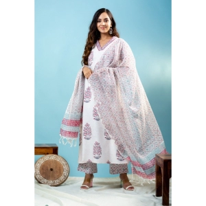 Generic Women's Casual 3/4th Sleeve Floral Print Cotton Kurti Set (Off White)