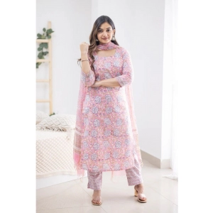 Generic Women's Casual 3/4th Sleeve Printed Cotton Kurti Set (Pink)