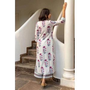 Generic Women's Casual 3/4th Sleeve Floral Print Cotton Kurti Set (White & Purple)