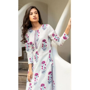 Generic Women's Casual 3/4th Sleeve Floral Print Cotton Kurti Set (White & Purple)