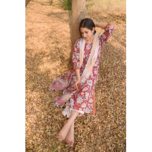 Generic Women's Casual 3/4th Sleeve Floral Print Cotton Kurti Set (Red)
