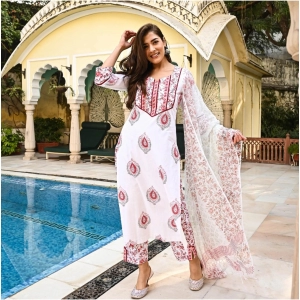 Generic Women's Casual 3/4th Sleeve Block Print Cotton Kurti Set (White And Marron)