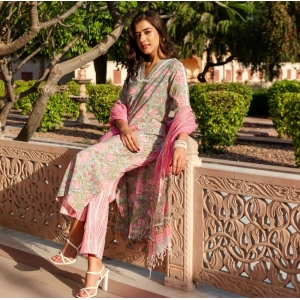 Generic Women's Casual 3/4th Sleeve Printed Cotton Kurti Set (Pink)