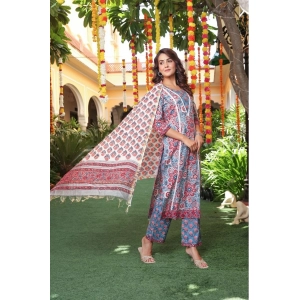 Generic Women's Casual 3/4th Sleeve Printed Cotton Kurti Set (Pastel Blue)