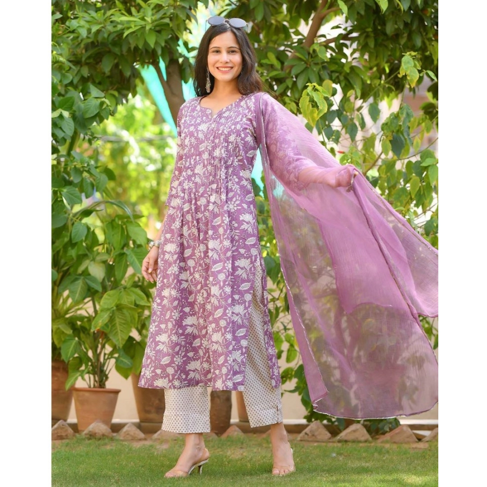 Generic Women's Casual 3/4th Sleeve Printed Cotton Kurti Set (Purple)